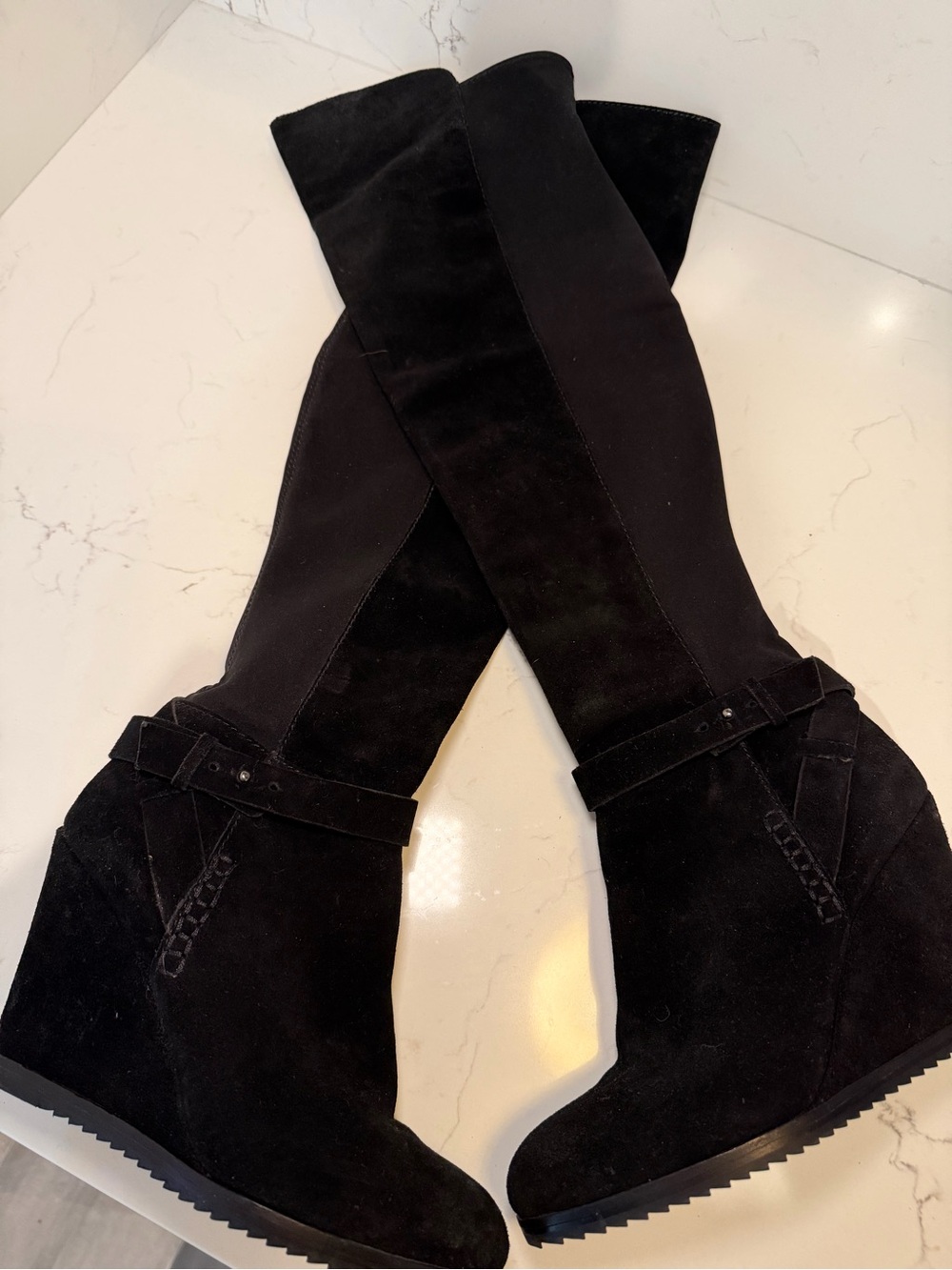 Dolce Vita - Black Genuine Suede Wedge Knee-High Boots - Over The Knee